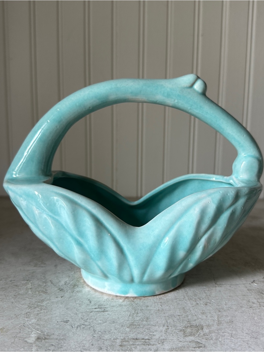 Vintage GONDER Ceramic Basket Planter Vase Aqua Blue H-39 Mid Century 1950’s 8x7